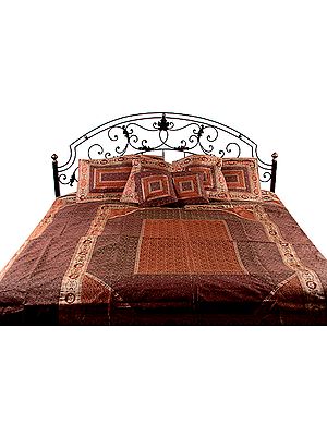 Brown and Rust Seven-Piece Banarasi Bedcover with Woven Elephants
