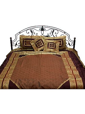 Brown Banarasi Bedspread with Tanchoi Weave and Brocaded Paisleys