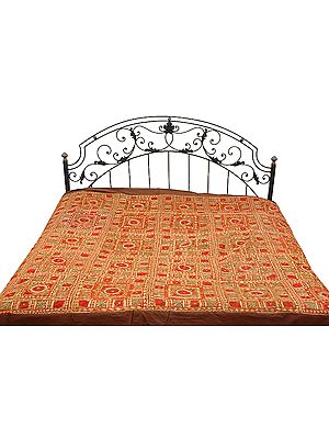 Brown Bedcover from Kutch with All-Over Embroidery and Mirrors