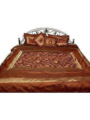 Brown Bedcover with All-Over Embroidered Flowers and Brocaded Border