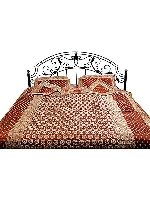 Brown Seven-Piece Banarasi Designer Bedcover with Woven Leaves