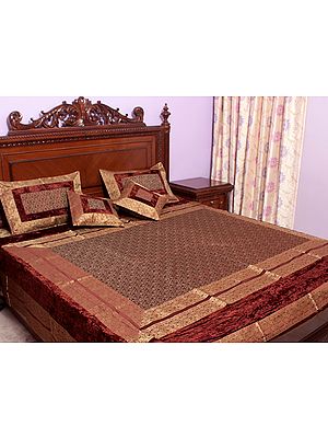 Brown Tanchoi Bedcover from Banaras with All-Over Weave