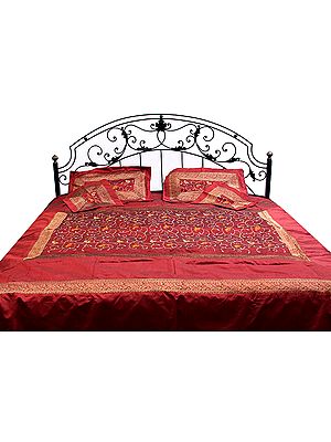 Burgundy Bedcover with All-Over Embroidered Flowers and Brocaded Border