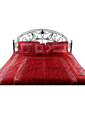 Burgundy Brocaded Bedcover with All-Over Embroidered Sequins