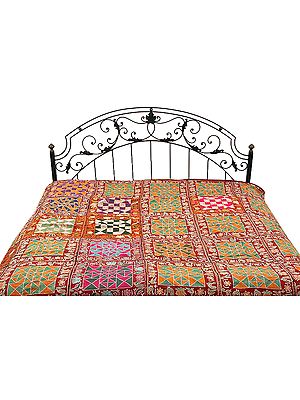 Burgundy Kutch Bedcover with Multi-Color Embroidery All-Over
