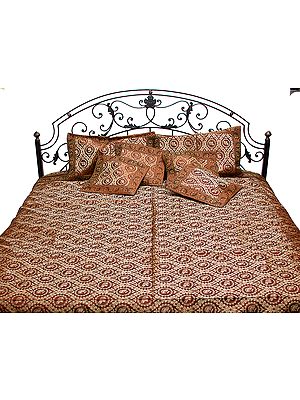 Burnt-Henna Seven-Piece Banarasi Bedcover with Woven Elephants and Brocaded Border