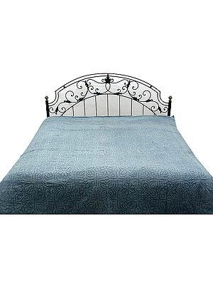 Carolina-Blue Stone-washed Appliqué Bedcover from Gujarat