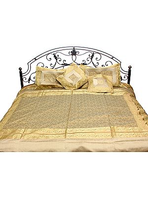 Champagne-Beige and Golden Five-Piece Banarasi Bedcover with Tanchoi Weave and Brocaded Border