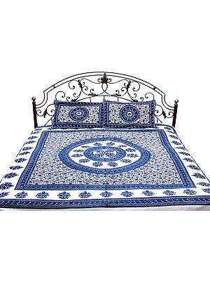 Chic-White and Blue Bedspread with Block-Printed Flowers All-Over