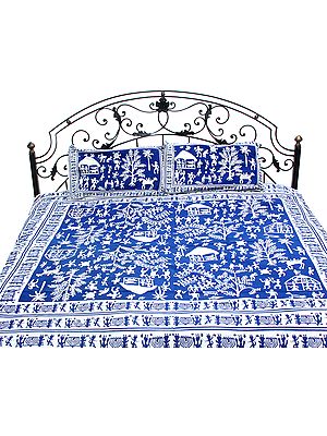 Chic-White and Blue Bedspread with Handprinted Folk Figures Inspired by Warli Arts