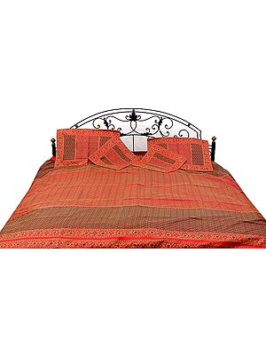 Coffee-Brown and Red Tanchoi Bedcover with All-Over Weave