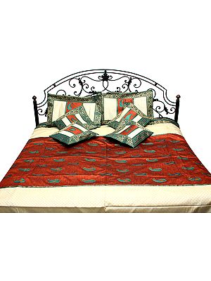 Copper and Ivory Banarasi Seven-Piece  Bedcover with Embroidered Paisleys and Woven Flowers