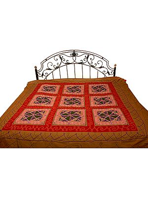Copper Colored Gujarati Bedspread with Hand-Embroidery All-Over