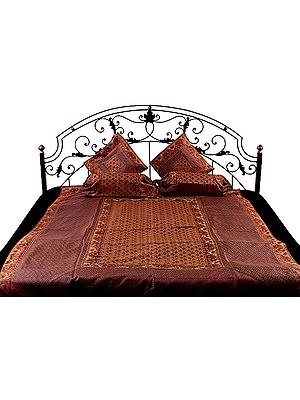 Cordovan and Rust Five-Piece Single-Bed Banarasi Bedcover with Tanchoi Weave