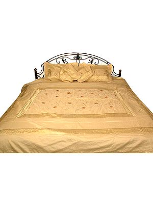 Cream Bedcover with All-Over Embroidered Flowers and Brocaded Border
