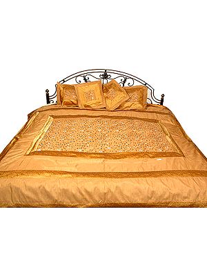 Cream Bedcover with All-Over Embroidered Flowers and Brocaded Border