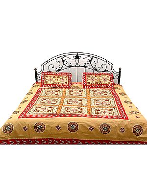 Cream Blue Gujarati Bedspread with Hand-Embroidery All-Over