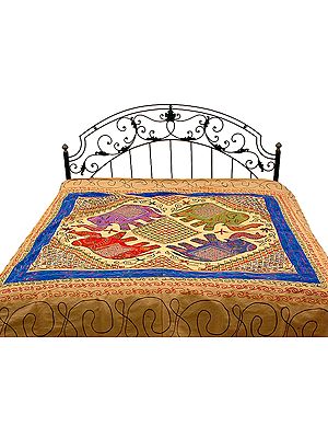 Cream Gujarati Bedspread with Appliqué Elephants and All-Over Embroidery