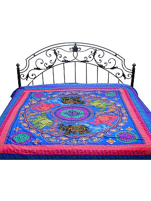 Dazzling-Blue Gujarati Bedspread with Appliqué Elephants and All-Over Embroidery