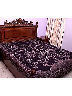 Deep-Purple Double-Sided Jamawar Bedspread with Woven Tree of Life