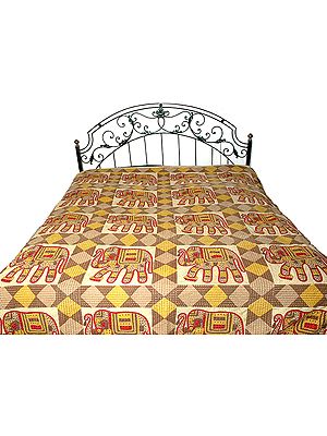 Elephant Printed Bedspread with Kantha Stitch