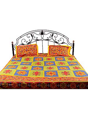Floral-Printed Kantha Stitch Bedspread