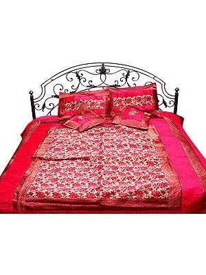 Fuchsia Five-Piece Banarasi Bedspread with Woven Roses All-Over