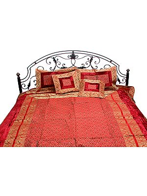 Garnet Red Five-Piece Banarasi Bedspread with Velvet Applique and Tanchoi Weave