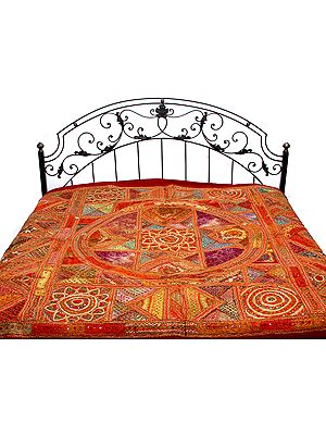 Garnet-Red Bedspread from Kutch with Embroidered Lotuses and Mirrors