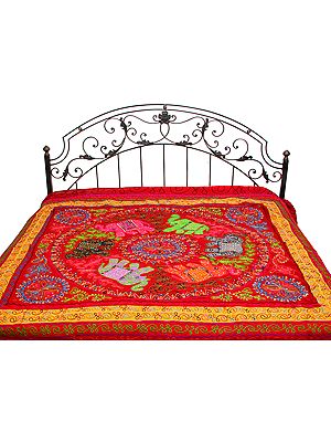 Garnet-Red Gujarati Bedspread with Appliqué Elephants and All-Over Embroidery
