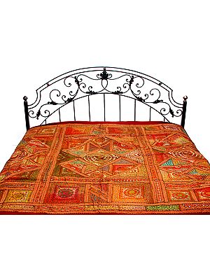 Garnet-Red Kutch Patch Bedspread with All-Over Embroidery and Mirrors