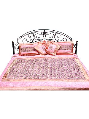 Geranium-Pink Five-Piece Banarasi Bedspread with Woven Flowers