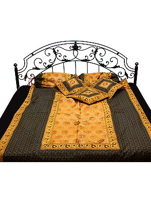 Golden and Black Six-Piece Single-Bed Banarasi Bedcover with Tanchoi Weave