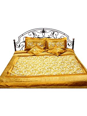 Golden Banarasi Bedcover with Woven Flowers All-Over