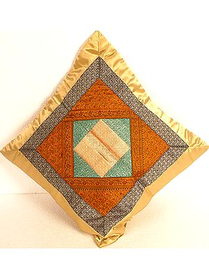 Golden Banarasi Cushion Cover with Patchwork