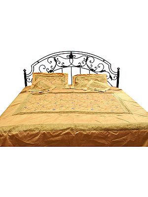 Golden Bedcover with All-Over Embroidered Flowers and Brocaded Border