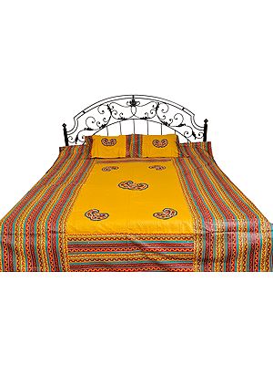 Golden-Yellow Bedspread from Gujarat with Paisley Patches