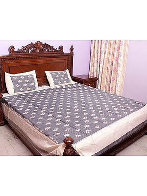 Gray Bedspread with Ikat Weave Hand-Woven in Pochampally