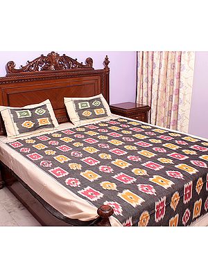 Gray Bedspread with Ikat Weave Hand-Woven in Pochampally