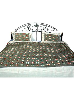 Gray Ikat Bedspread Handwoven in Pochampally