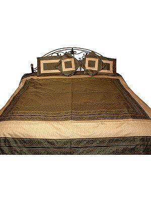 Green and Ivory Banarasi Bedcover with Tanchoi Weave