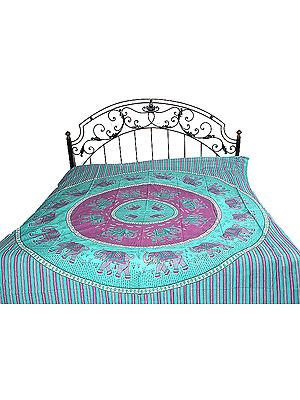 Green and Purple Bedspread with Printed Elephants