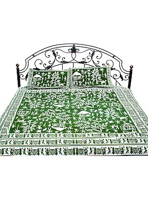 Green Bedspread with Hand Printed Folk Figures Inspired By Warli Art