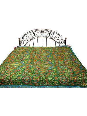 Green Gujarati Bedspread with All-Over Thread Work