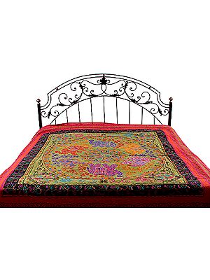 Green Gujarati Bedspread with Sequins and Six Appliqué Elephants