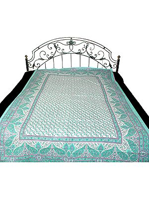 Green on White Single Bedspread from Sanganer