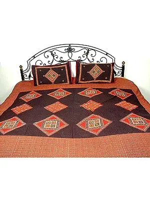 Hand-Printed Rajasthani Bedspread with Thread Work and Mirrors