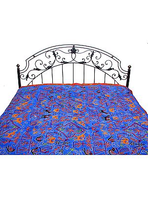 Imperial-Blue Gujarati Bedspread with All-Over Ari Embroidered Elephants