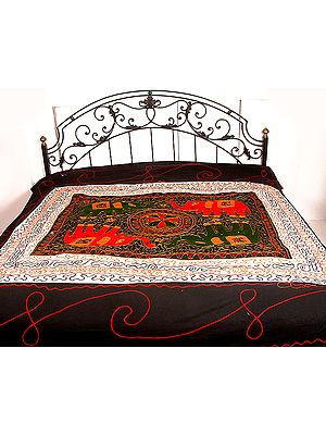 Ivory and Black Embroidered Bedspread with Elephant Motif