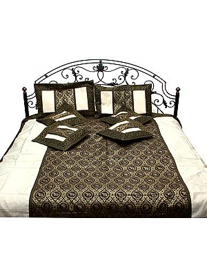 Ivory and Black Seven-Piece Bedspread from Banaras with Brocaded Elephants